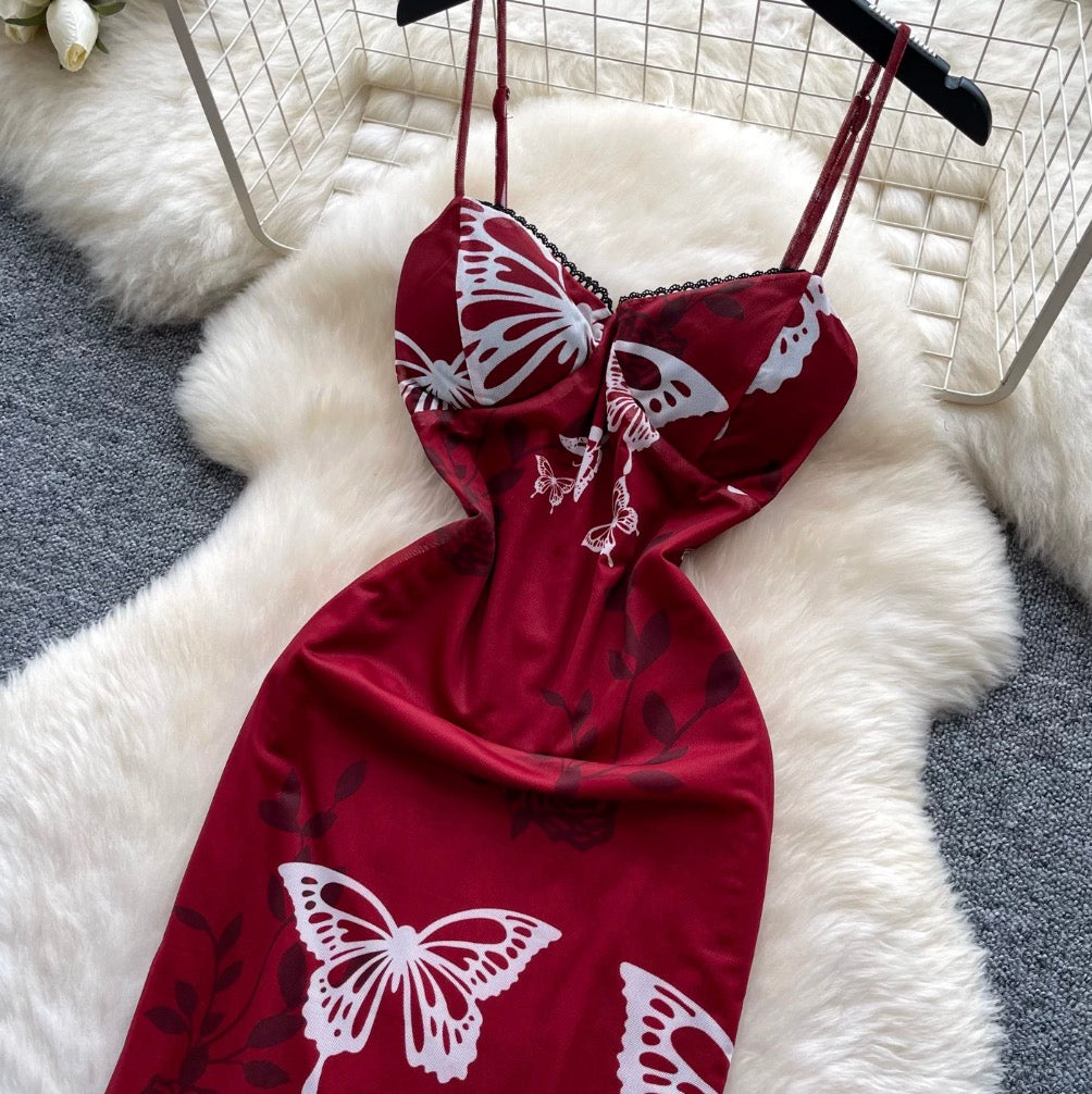 Vintage Butterfly Print Slip Dress
