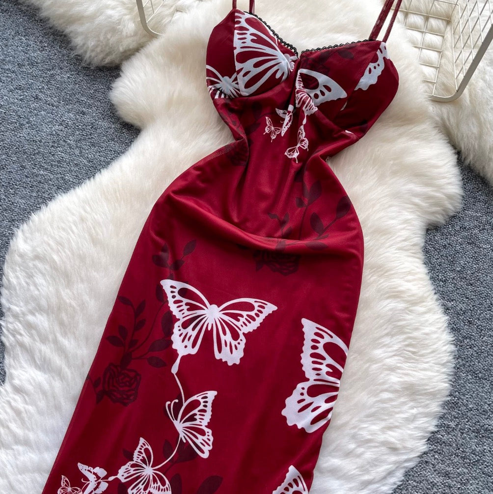 Vintage Butterfly Print Slip Dress