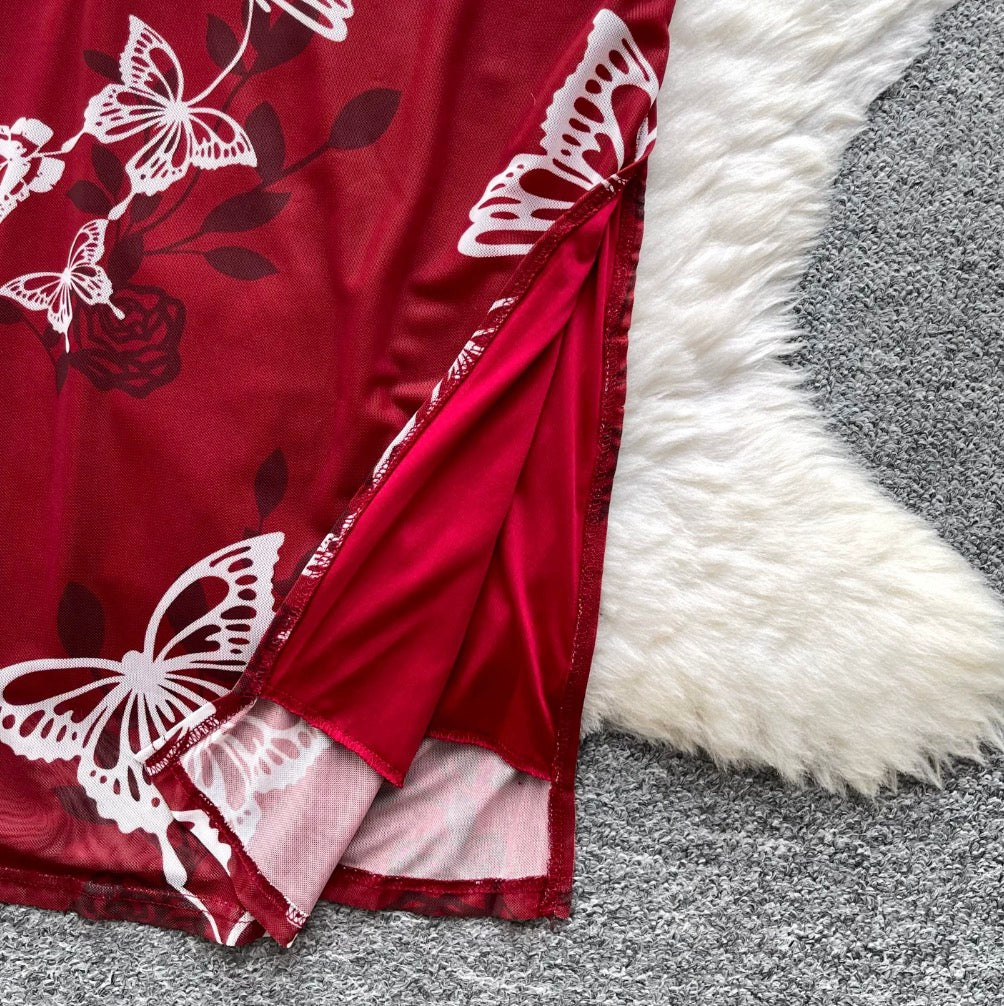 Vintage Butterfly Print Slip Dress
