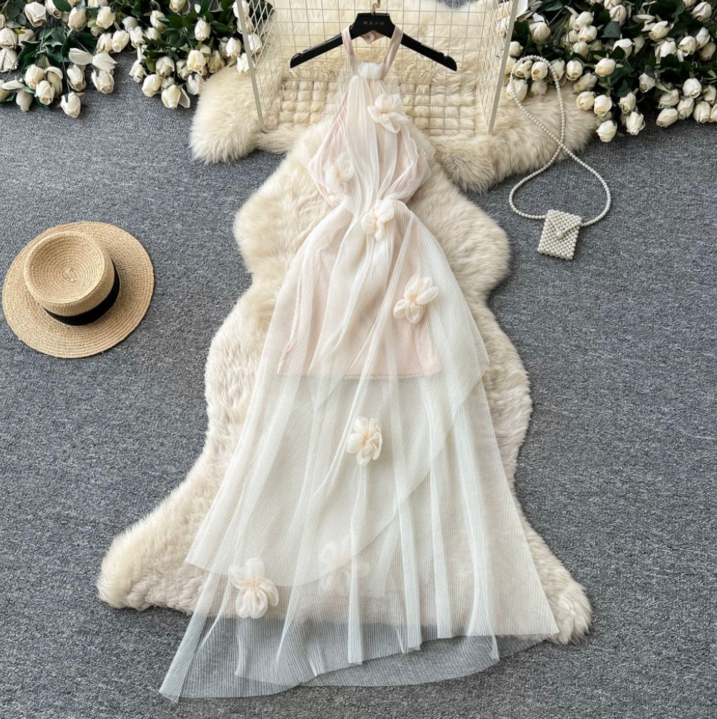 French Style Ruffled Mesh Halter Dress