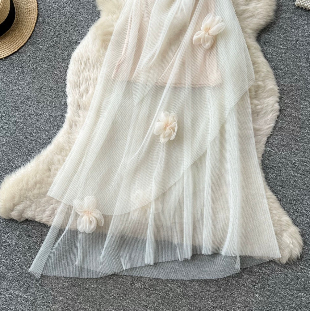 French Style Ruffled Mesh Halter Dress