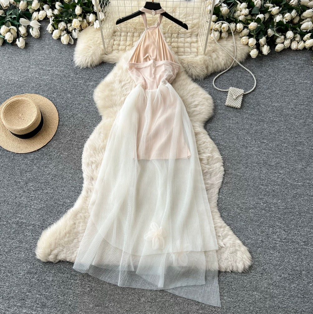 French Style Ruffled Mesh Halter Dress