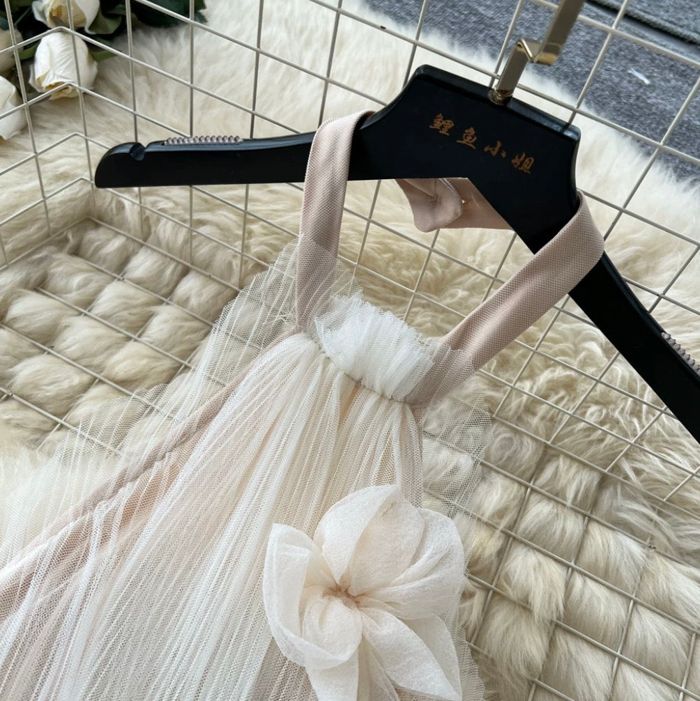 French Style Ruffled Mesh Halter Dress