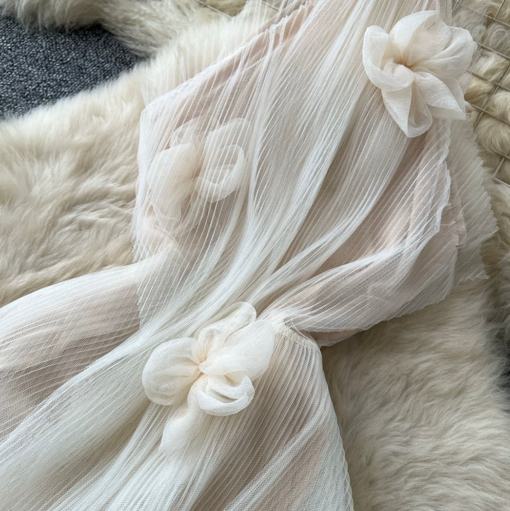 French Style Ruffled Mesh Halter Dress