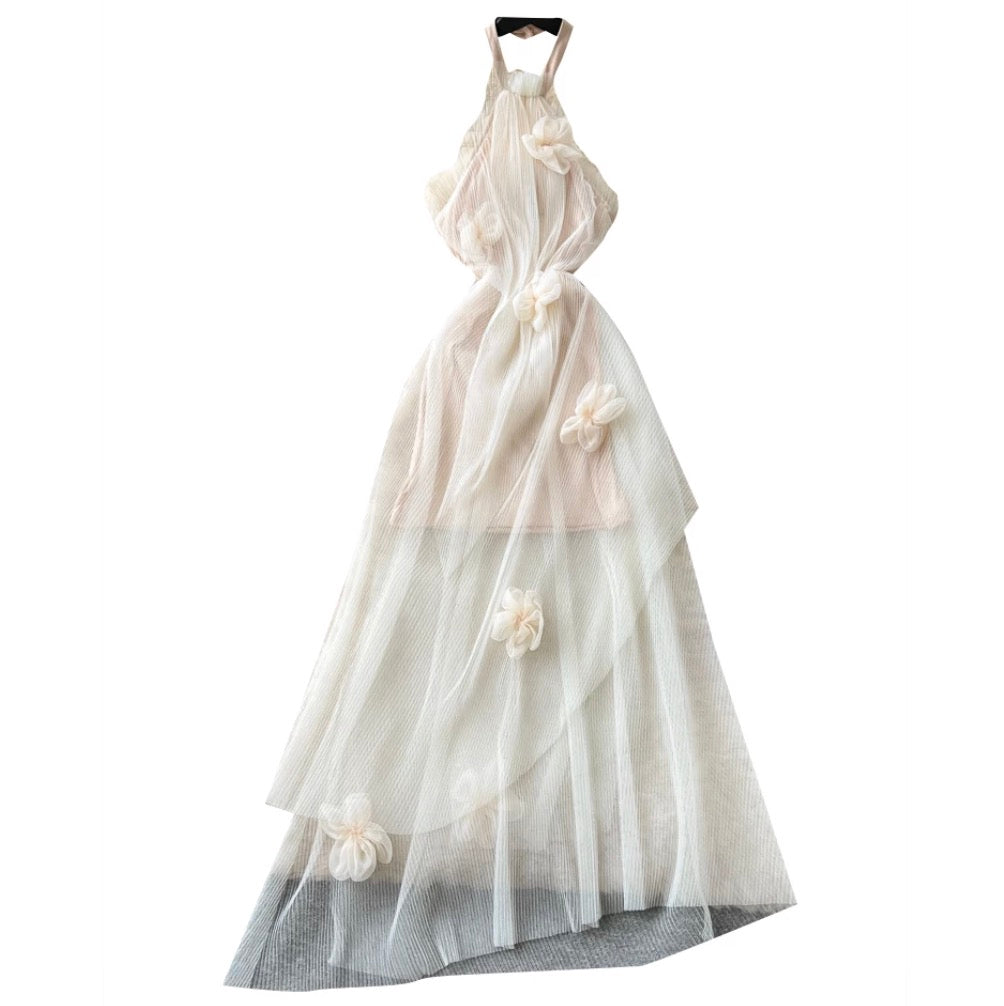 French Style Ruffled Mesh Halter Dress