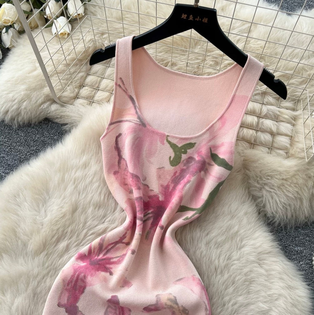 Pink Floral Print Vest Dress