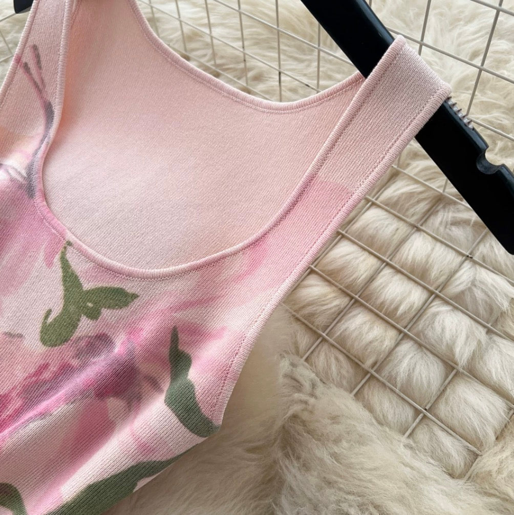 Pink Floral Print Vest Dress