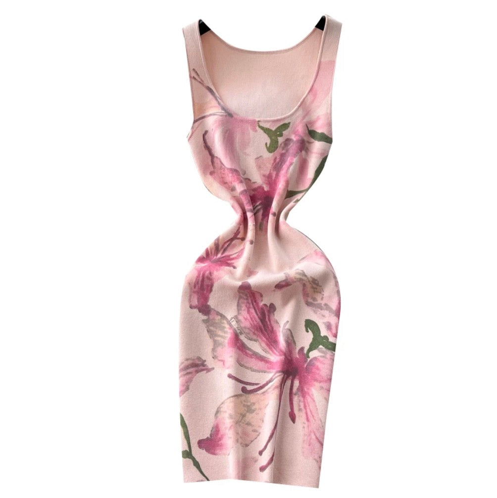 Pink Floral Print Vest Dress