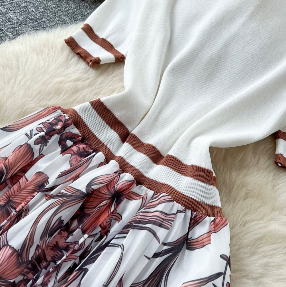 Elegant Floral Print Patchwork Dress
