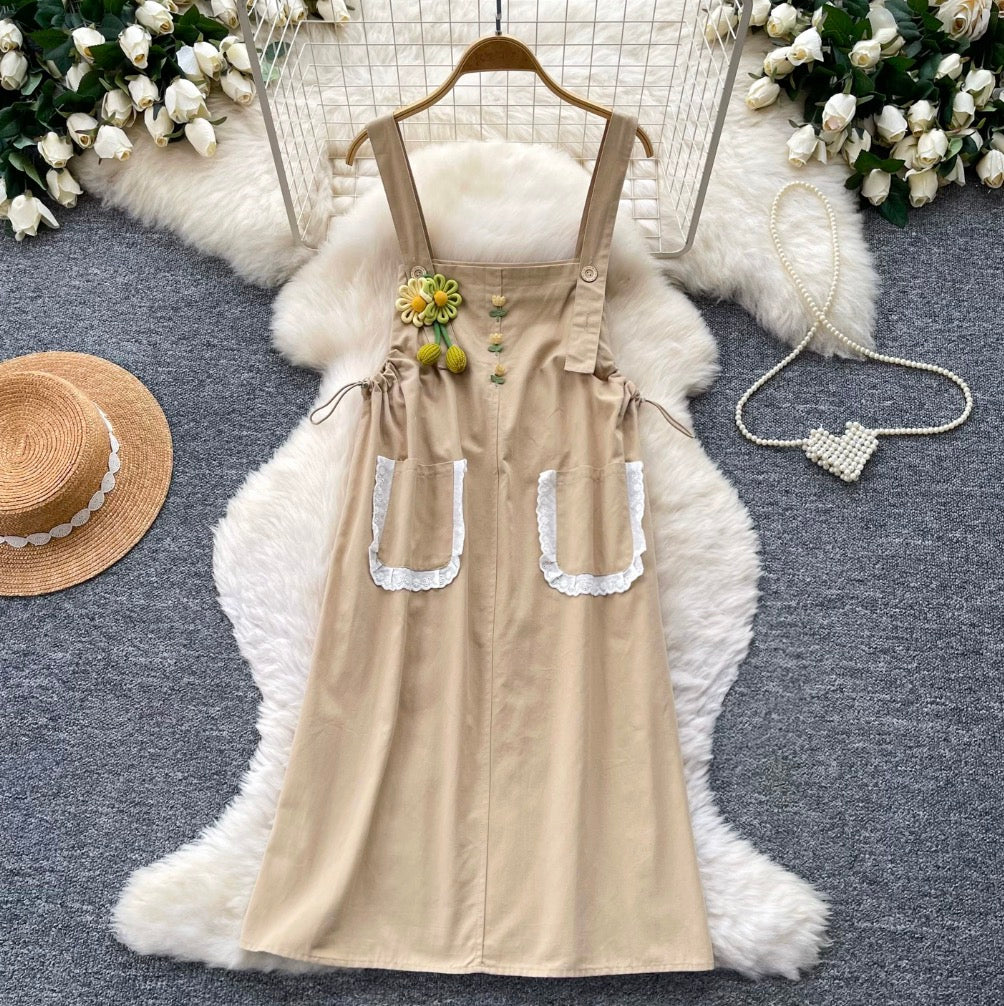 Uniform Style Lace Pocket Vest Dress