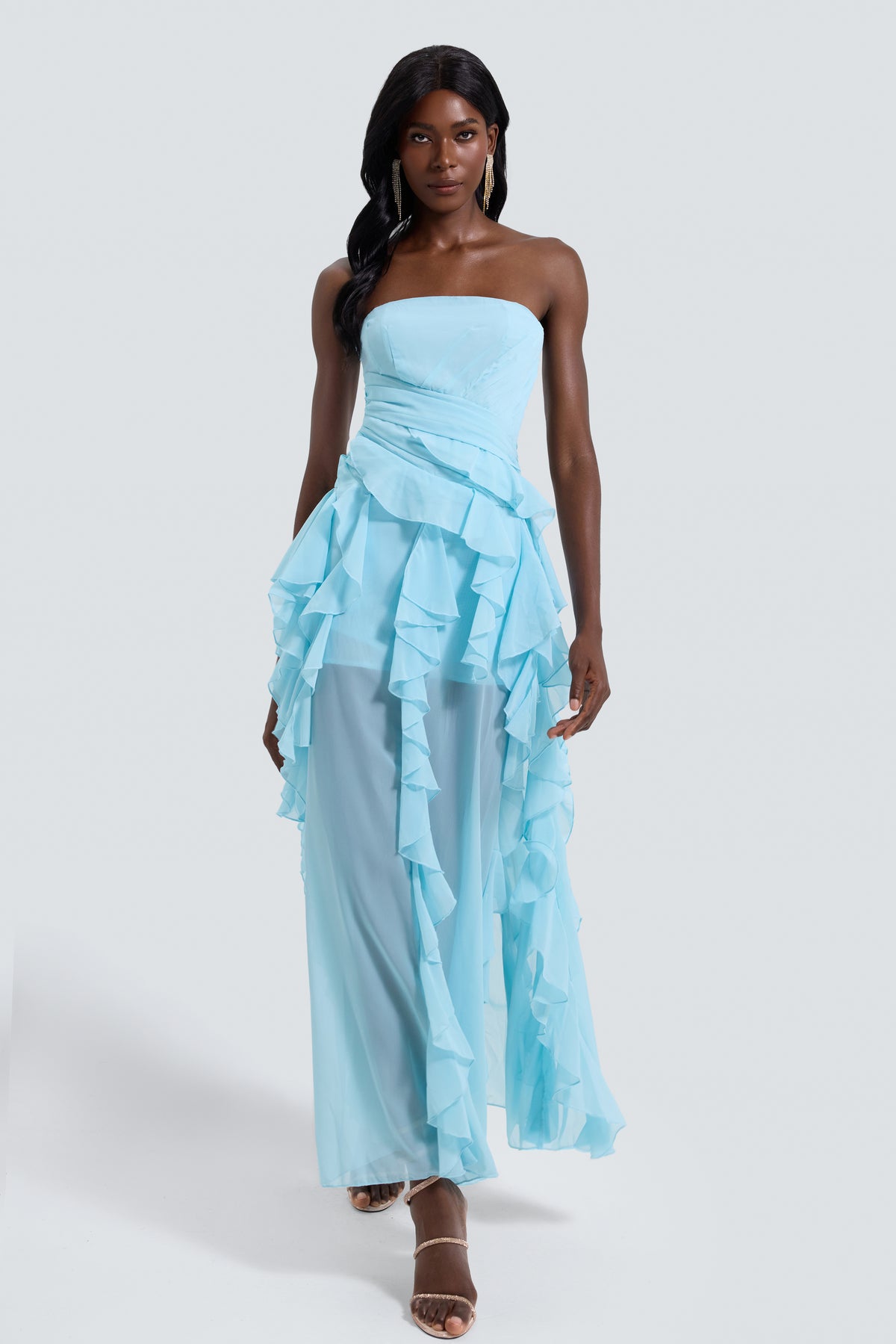 Chiffon Off Shoulder Ruffle Pleated Maxi Dress