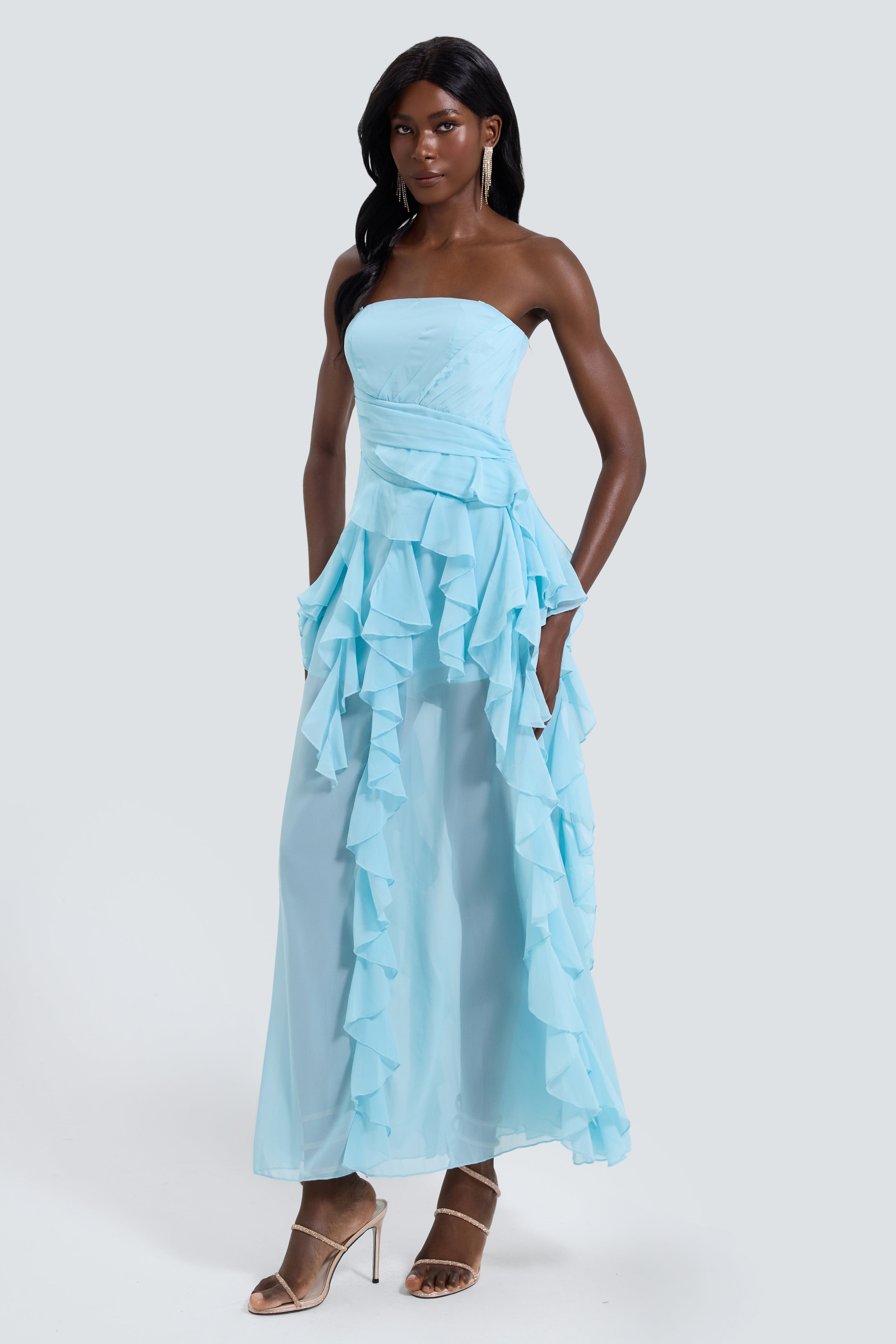 Chiffon Off Shoulder Ruffle Pleated Maxi Dress