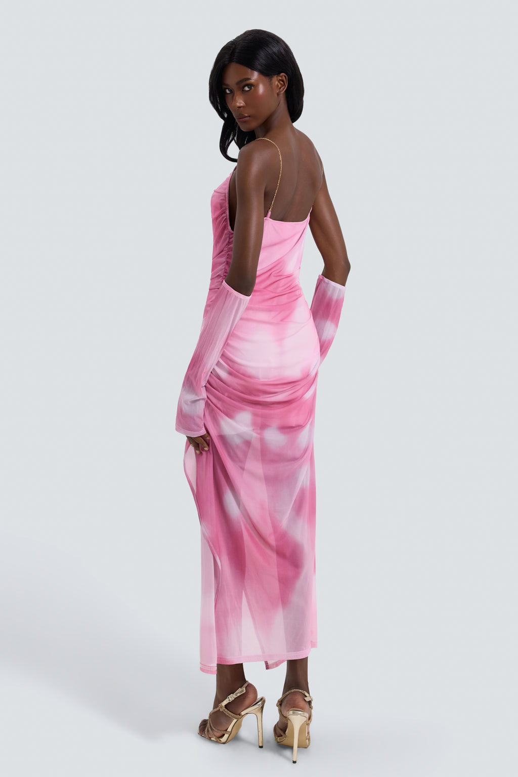 Tie Dye Mesh Slit Midi Dress With Gloves