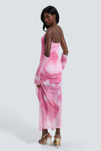 Tie Dye Mesh Slit Midi Dress With Gloves