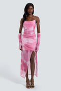 Tie Dye Mesh Slit Midi Dress With Gloves