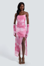 Tie Dye Mesh Slit Midi Dress With Gloves
