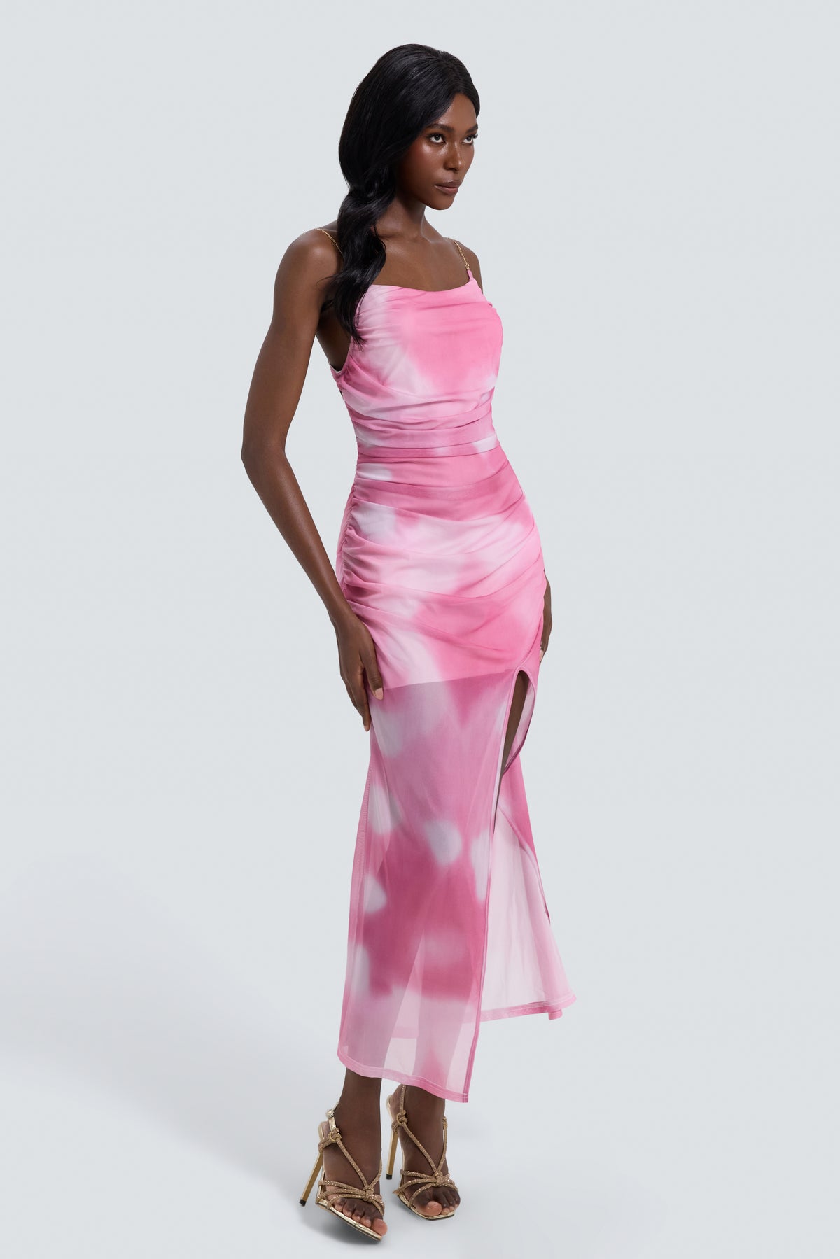 Tie Dye Mesh Slit Midi Dress With Gloves