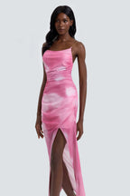 Tie Dye Mesh Slit Midi Dress With Gloves