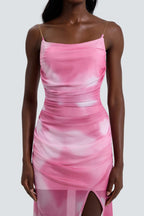 Tie Dye Mesh Slit Midi Dress With Gloves