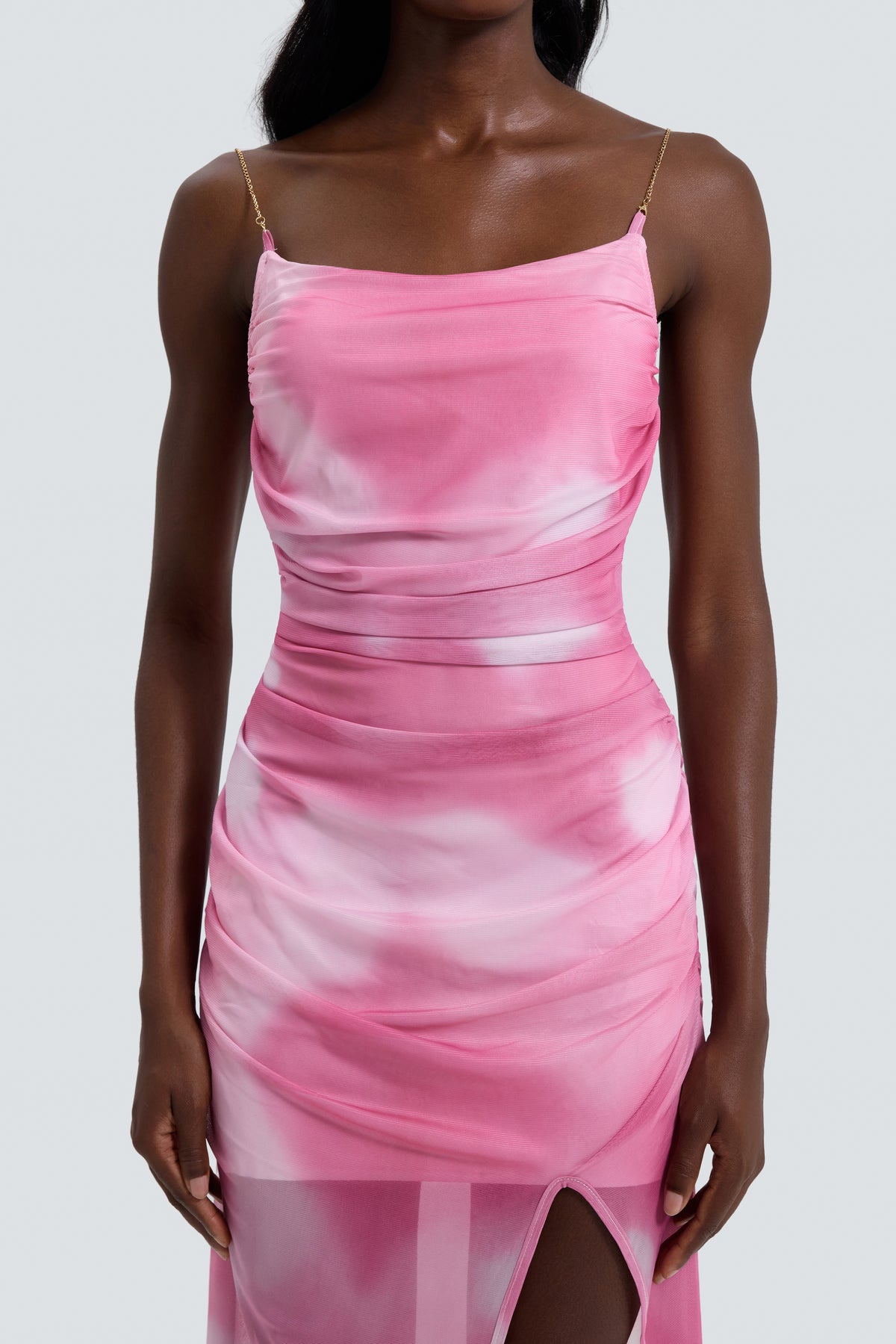 Tie Dye Mesh Slit Midi Dress With Gloves