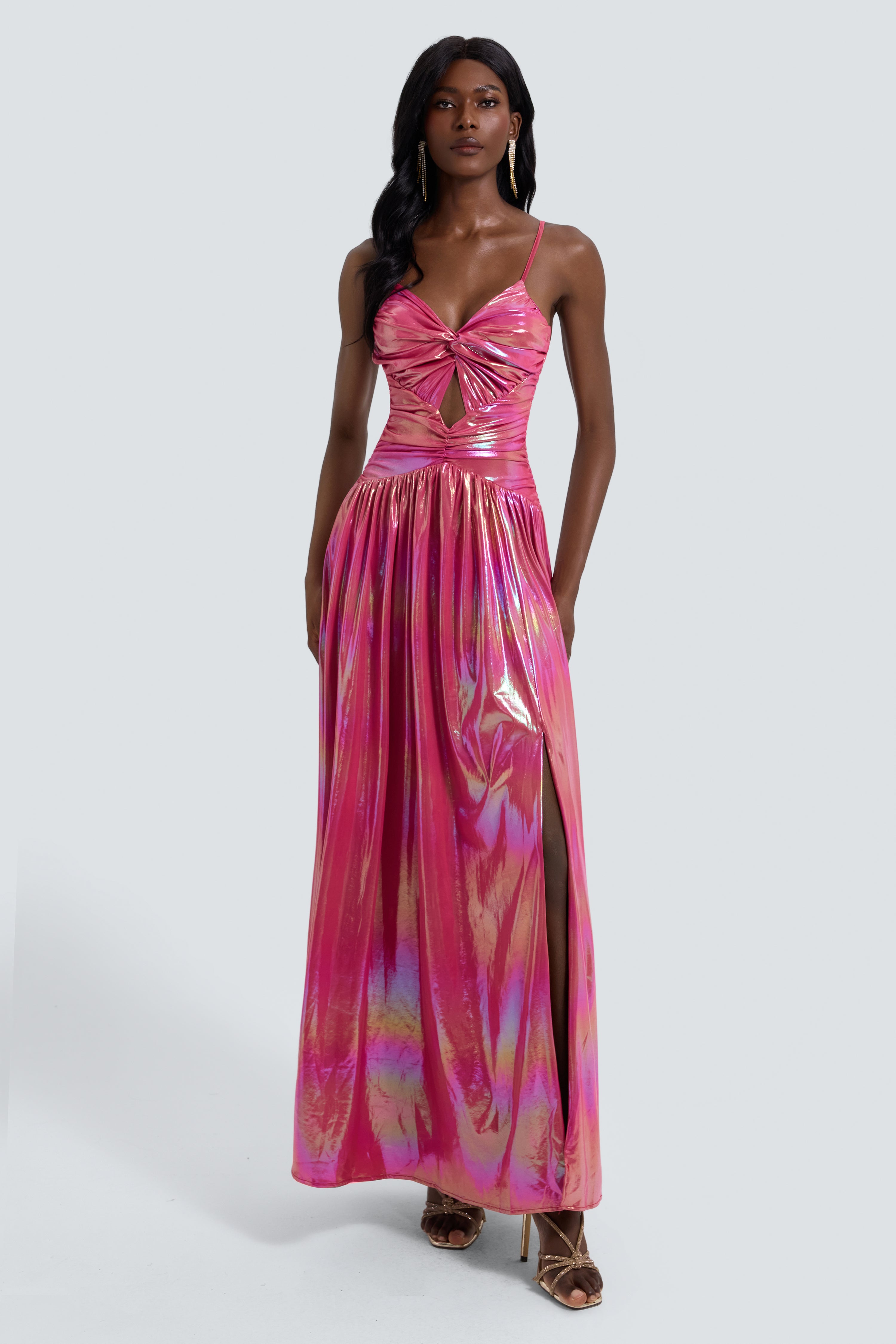Metallic Fabric Knotted Slit Maxi Dress