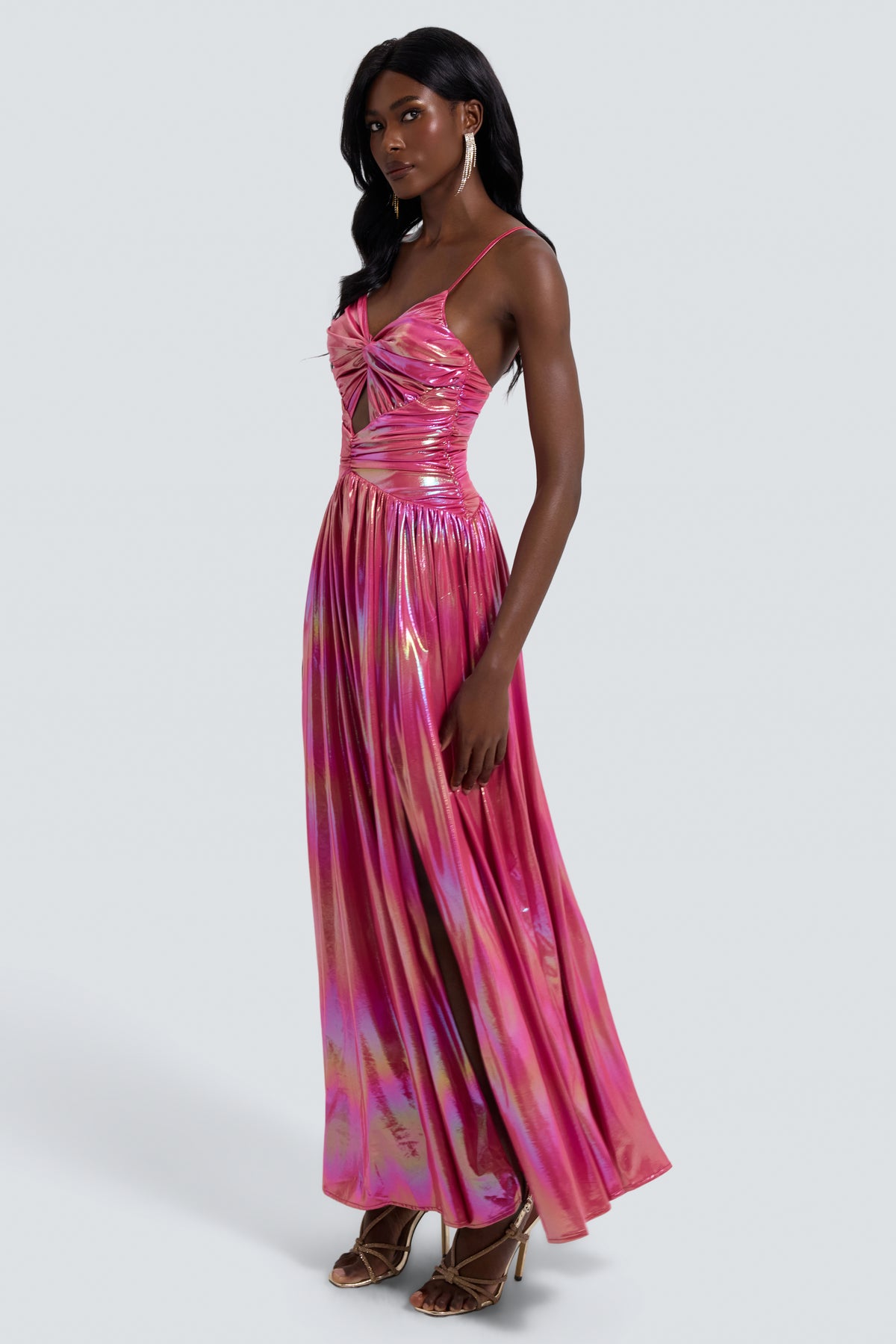 Metallic Fabric Knotted Slit Maxi Dress