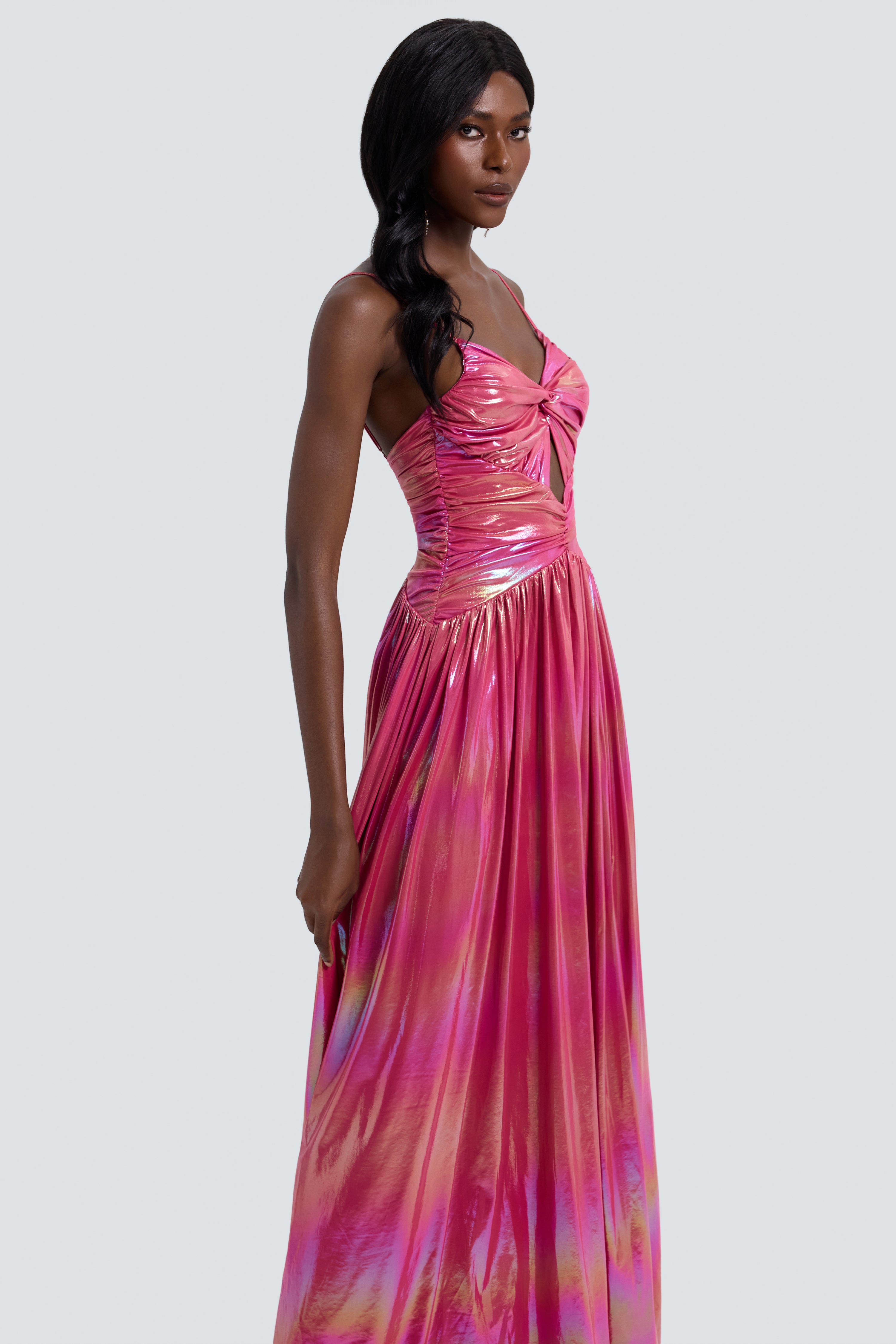 Metallic Fabric Knotted Slit Maxi Dress