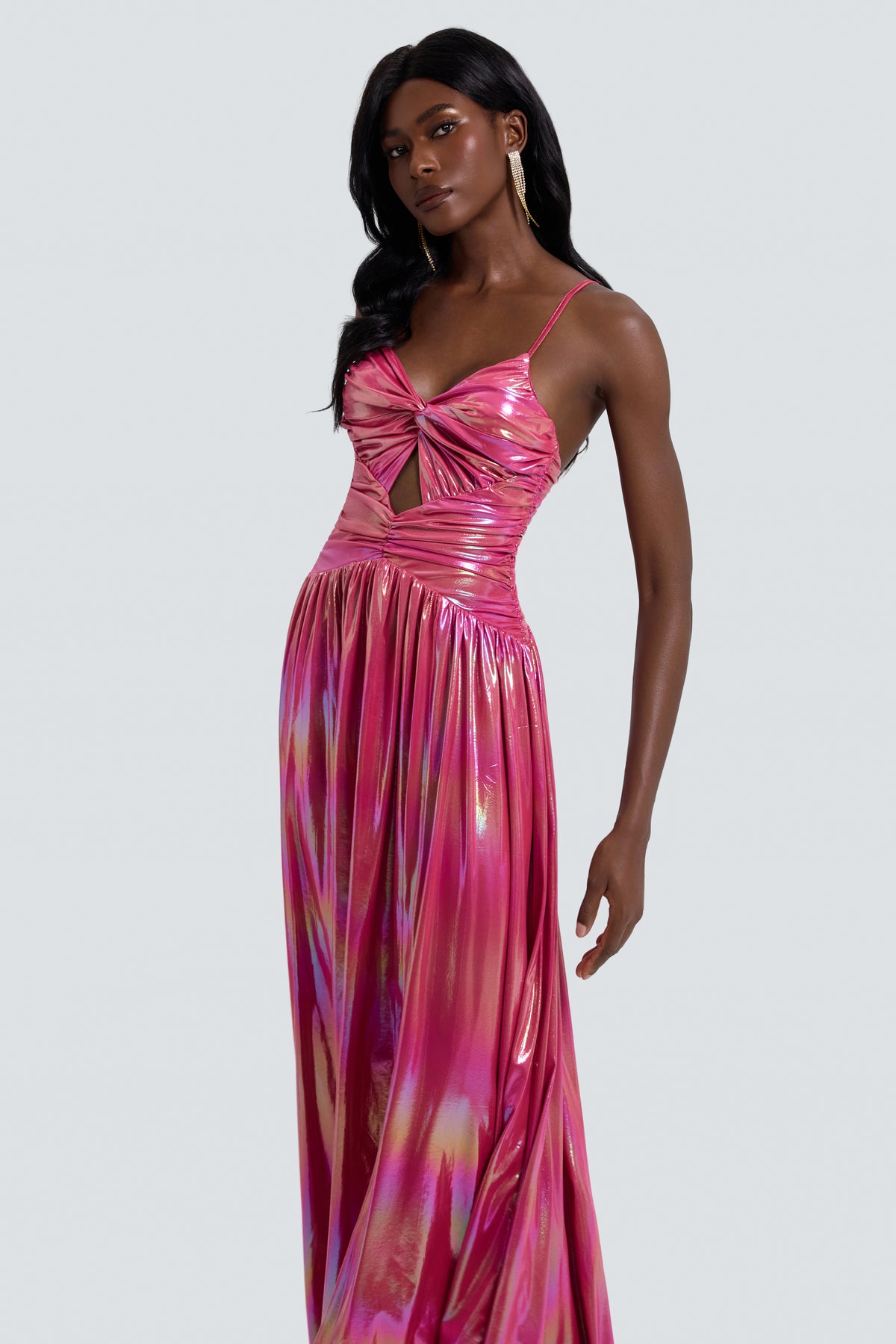 Metallic Fabric Knotted Slit Maxi Dress