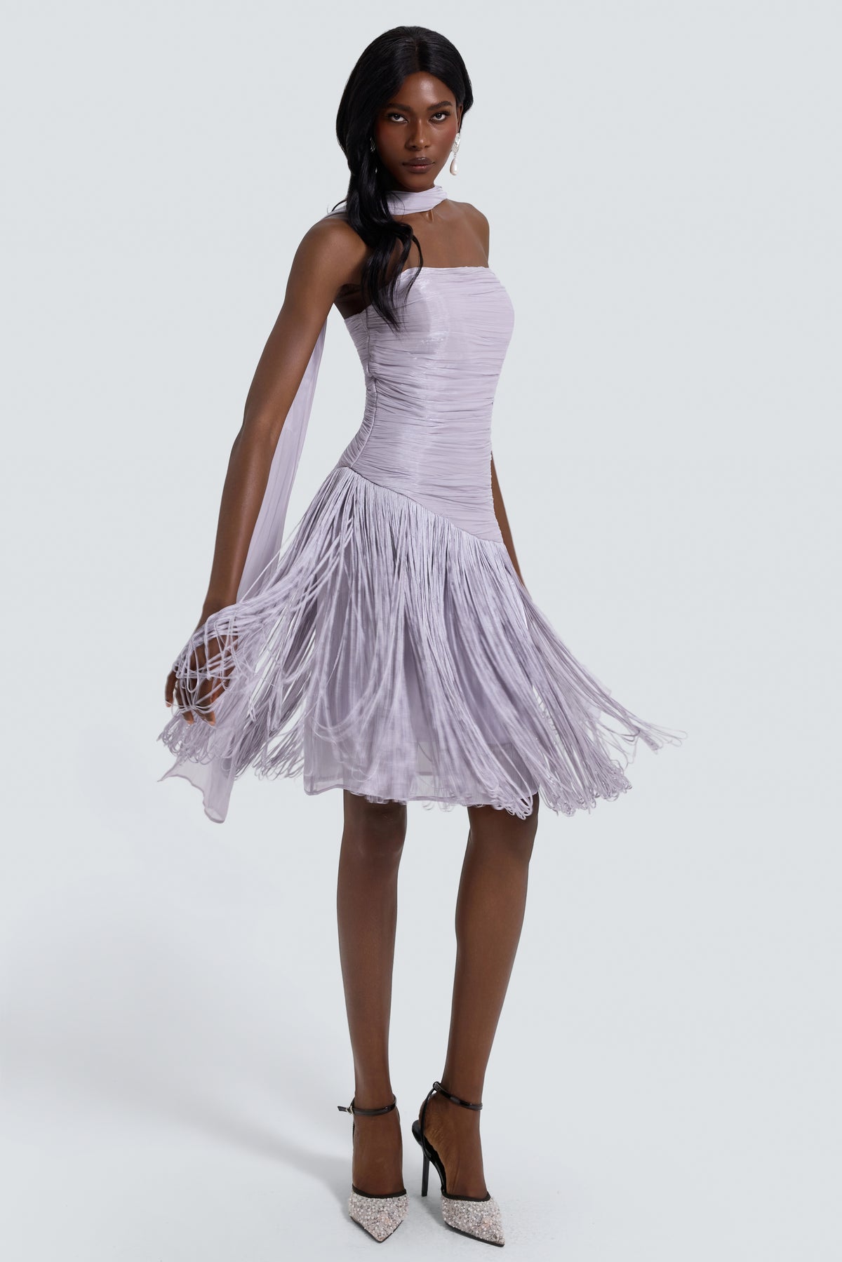 Satin Tassel Off-Shouler Midi Dress