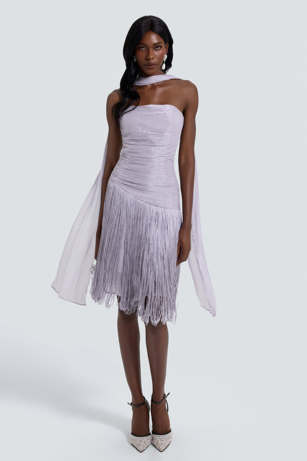 Satin Tassel Off-Shouler Midi Dress
