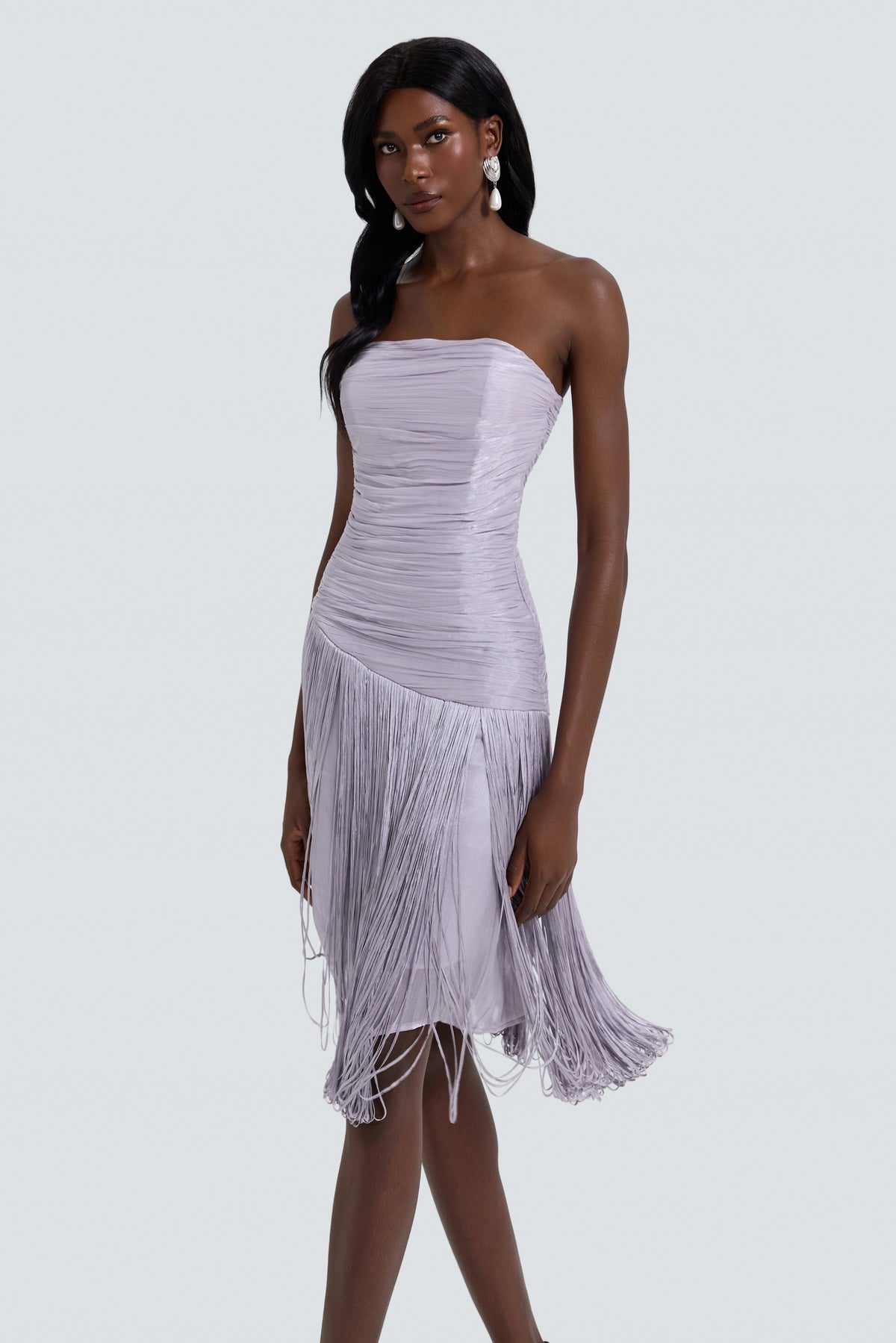 Satin Tassel Off-Shouler Midi Dress