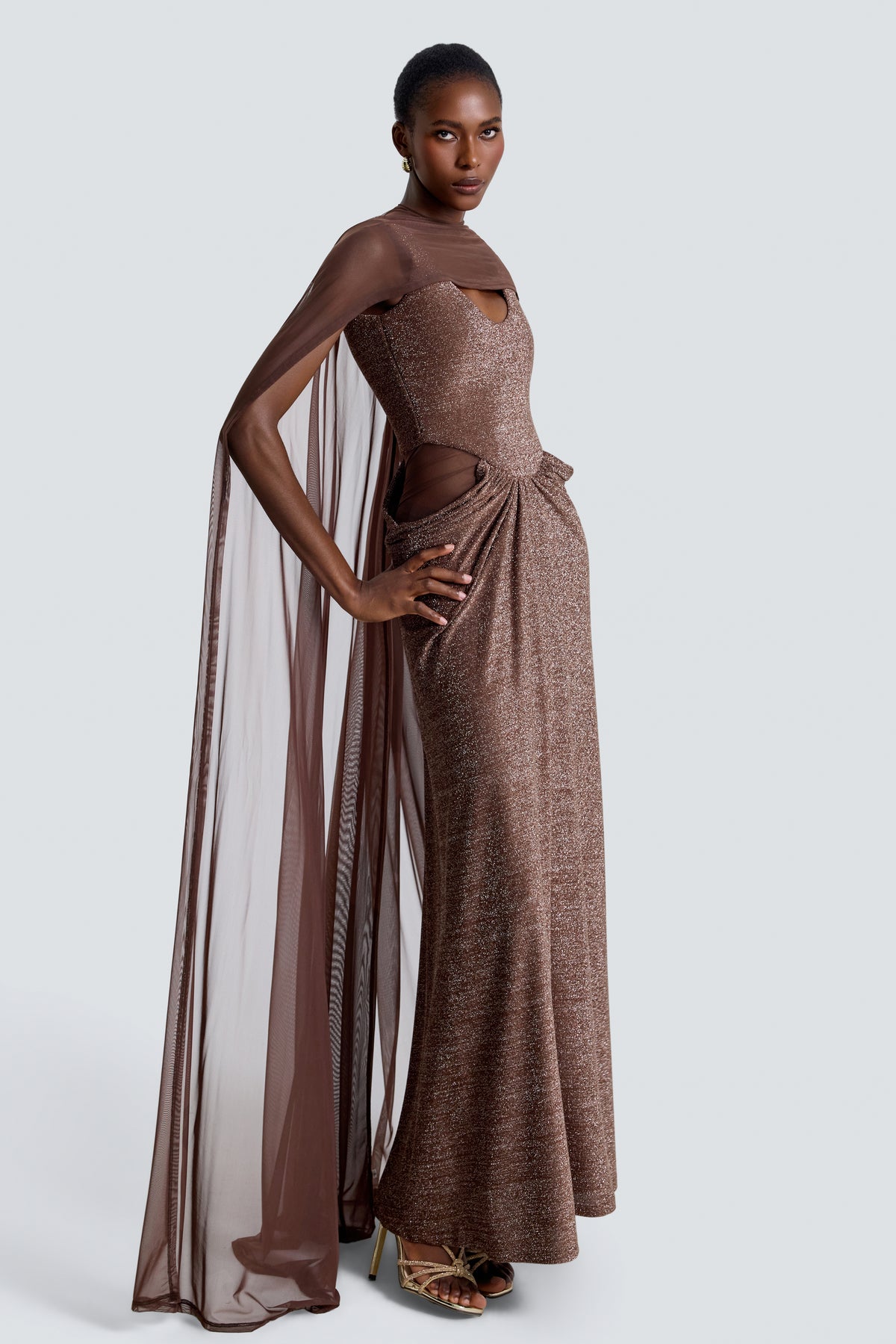 Luxury Gathering Sleeveless Maxi Dress With Cape