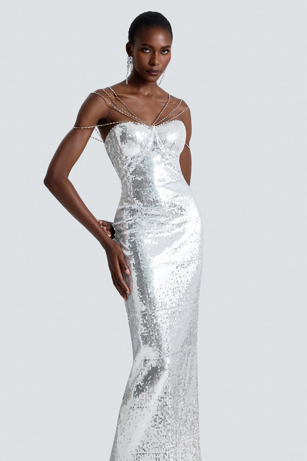 Sequin Rhinestone Slit Maxi Dress