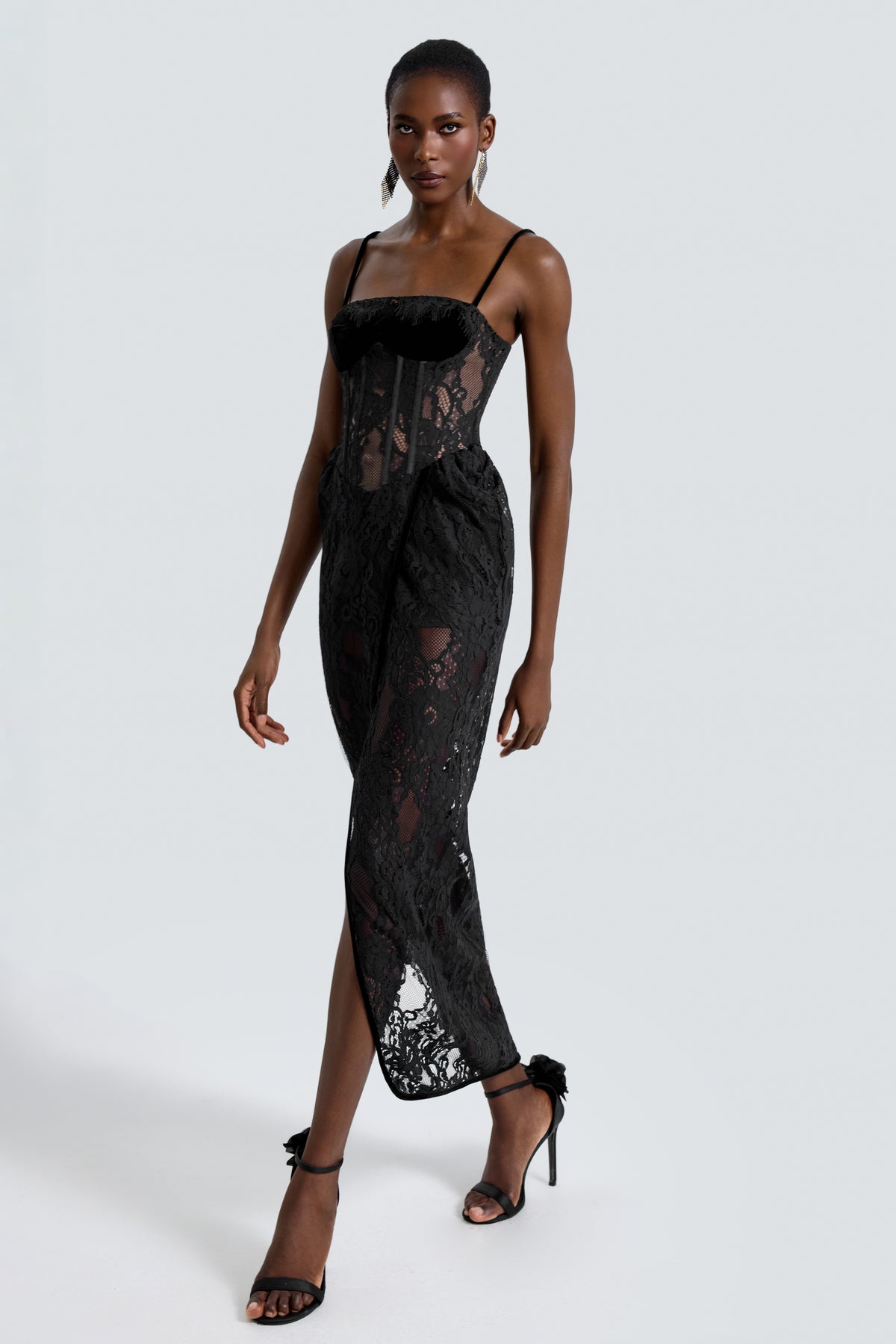 Lace See-Through Slit Maxi Dress