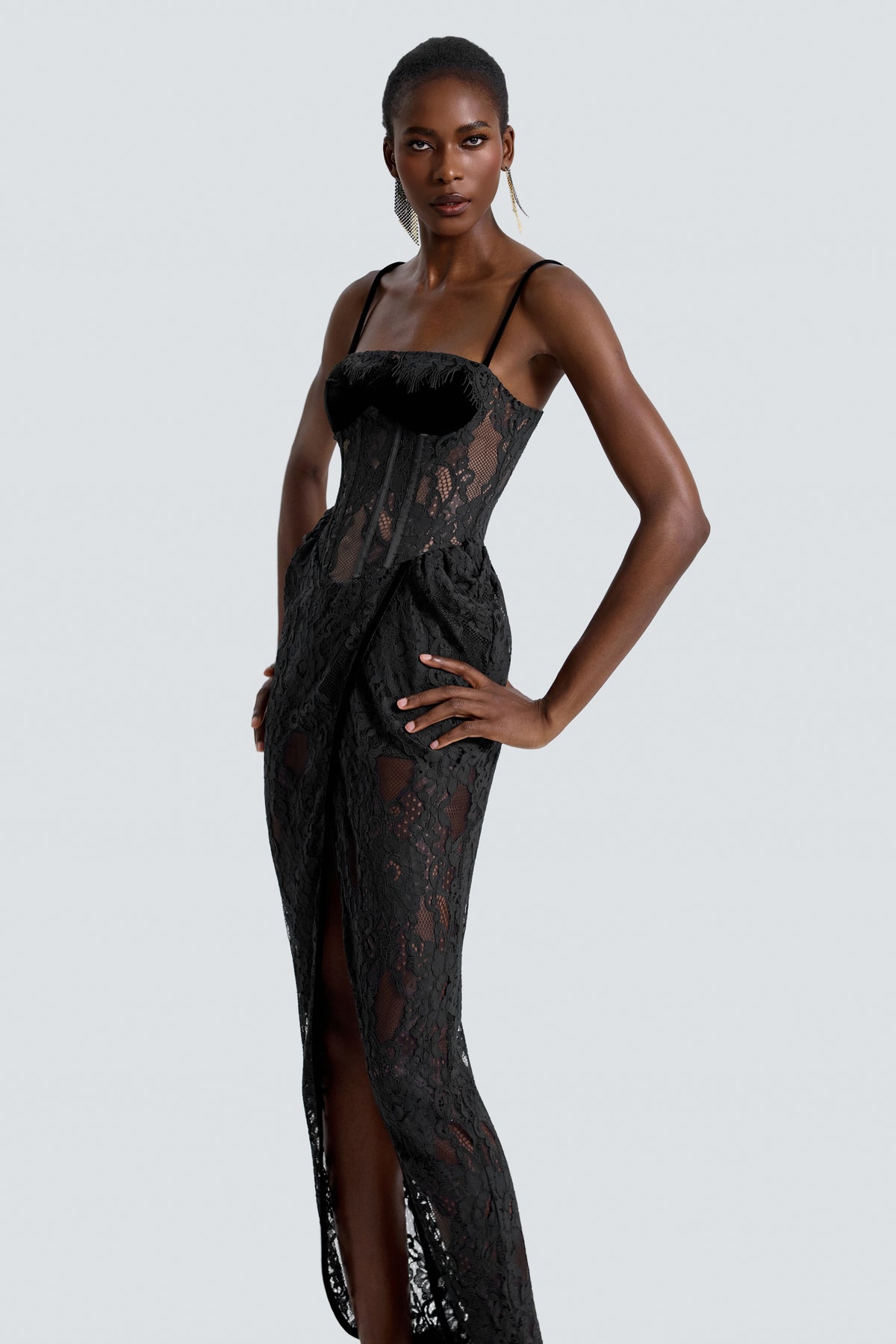 Lace See-Through Slit Maxi Dress