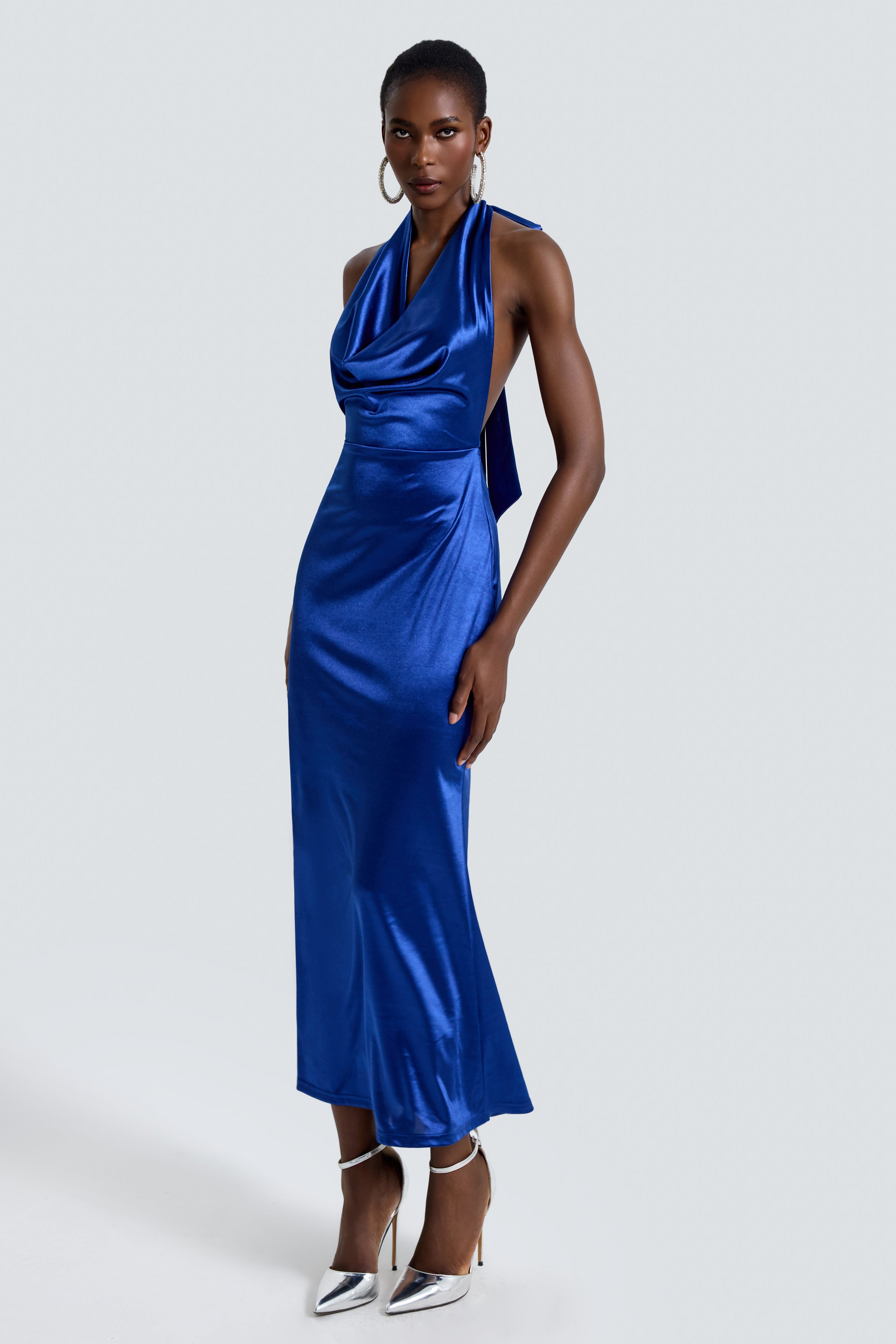 Satin Swing Collar Backless Maxi Dress