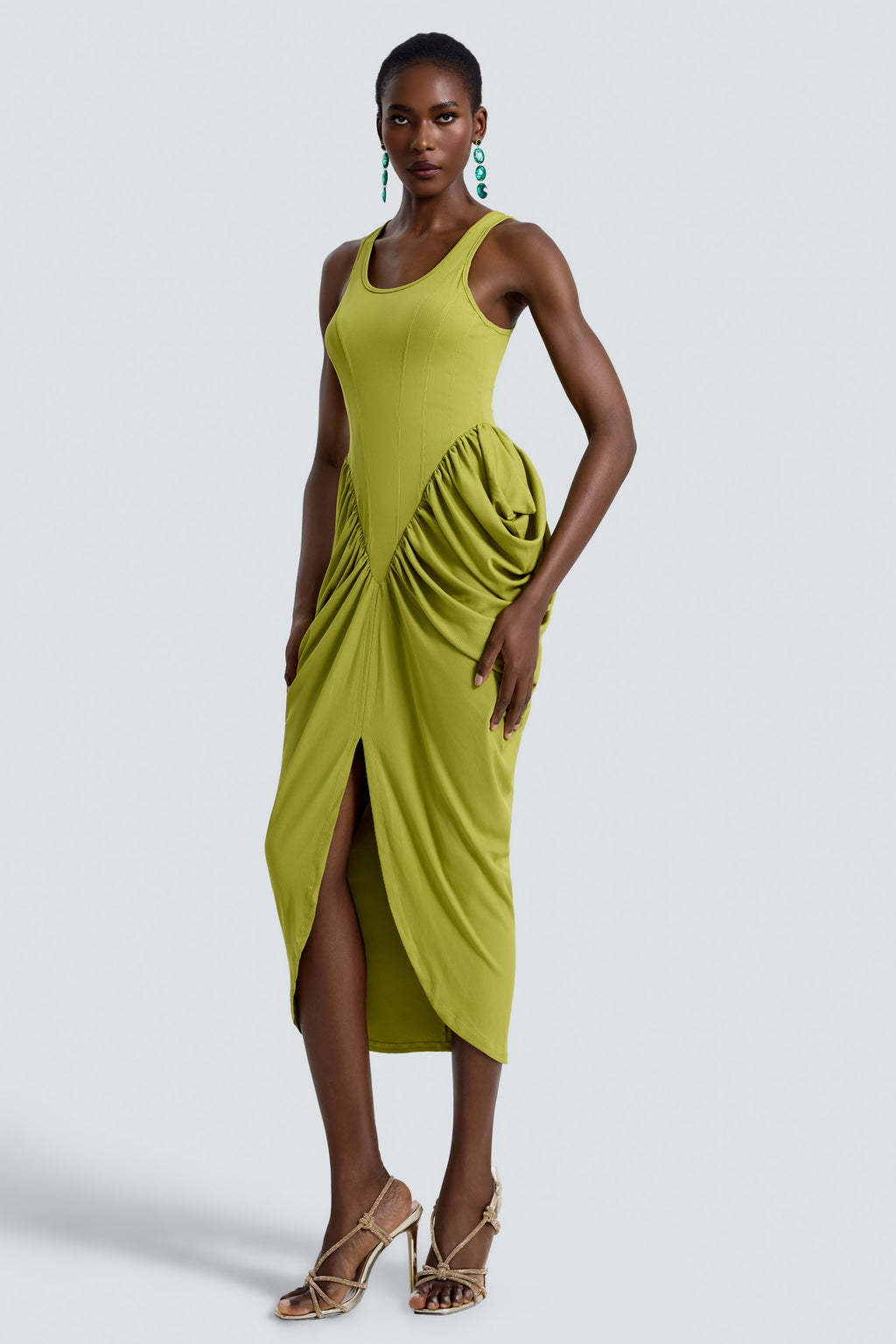 Jersey Sleeveless Gathering Midi Dress