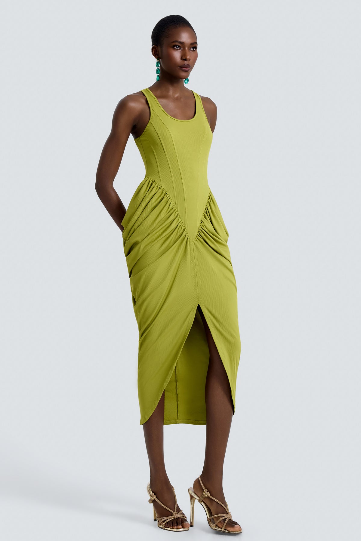 Jersey Sleeveless Gathering Midi Dress