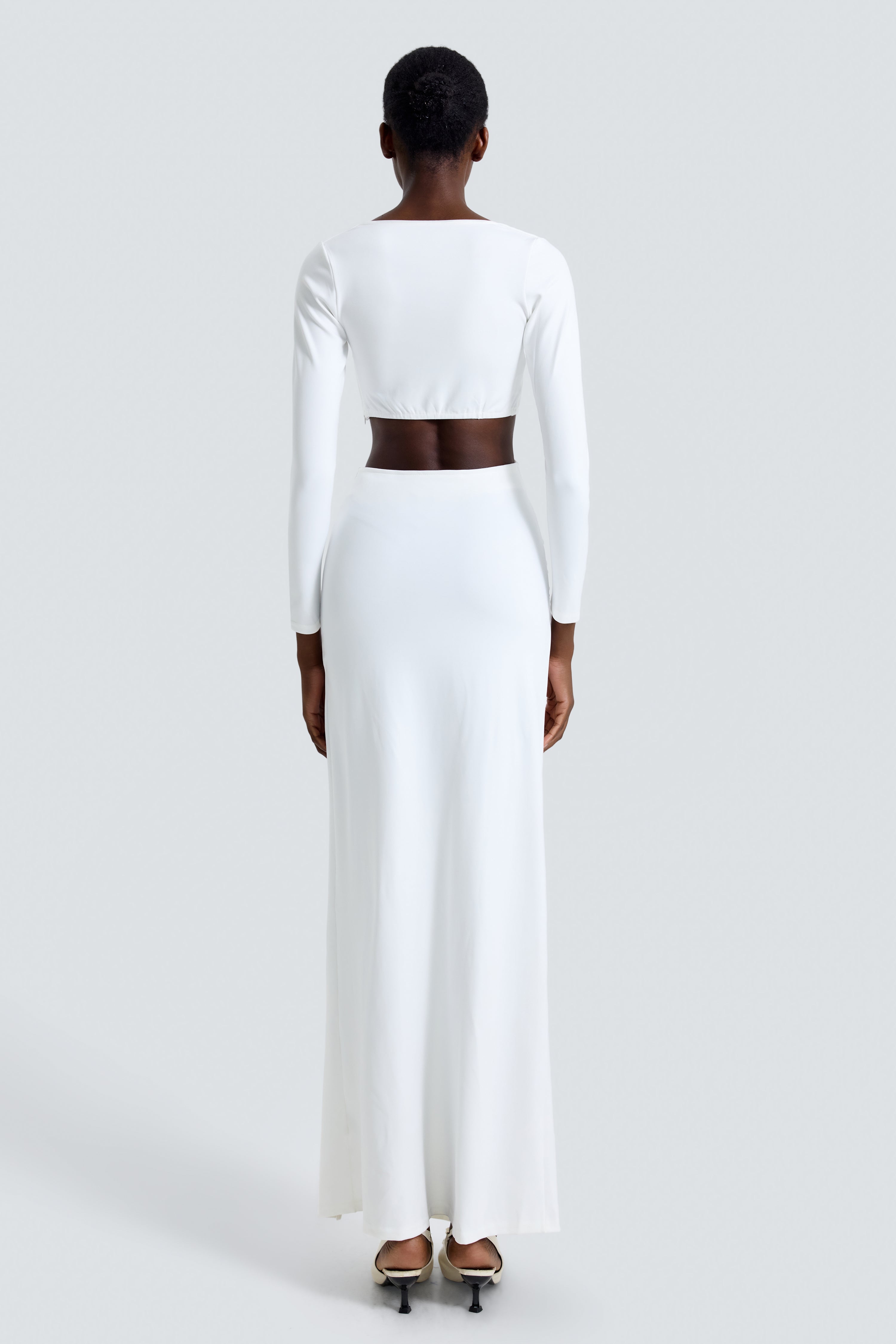 Solid 3D Flower Long Sleeve Top & Slit Maxi Skirt Set