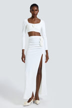 Solid 3D Flower Long Sleeve Top & Slit Maxi Skirt Set