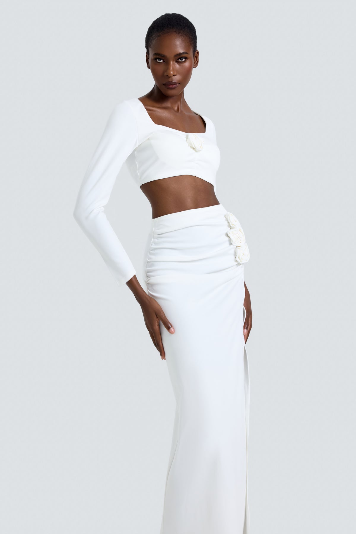 Solid 3D Flower Long Sleeve Top & Slit Maxi Skirt Set