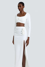Solid 3D Flower Long Sleeve Top & Slit Maxi Skirt Set