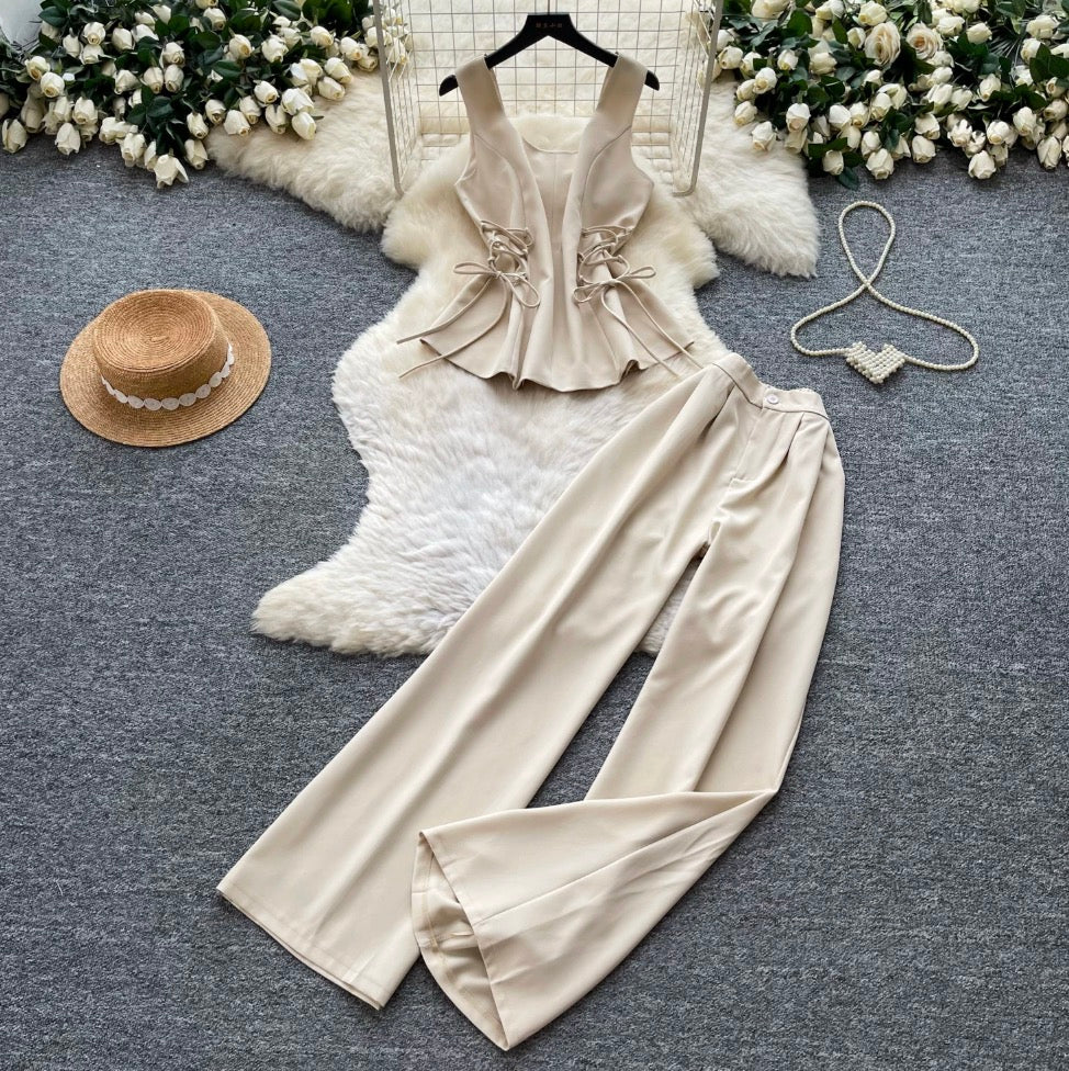 Lace-up Top & Trousers Casual 2Pcs