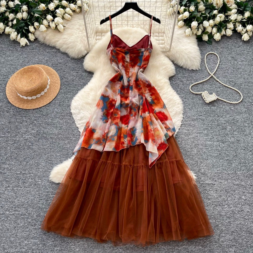 Tie-dye Print Mesh Slip Dress