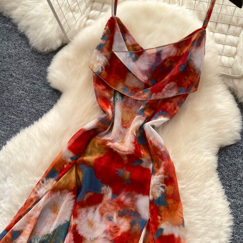 Tie-dye Print Mesh Slip Dress