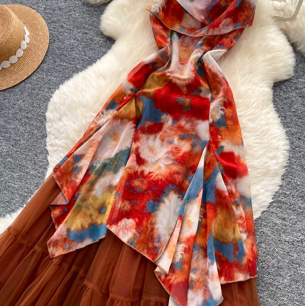Tie-dye Print Mesh Slip Dress