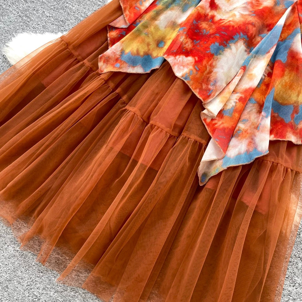 Tie-dye Print Mesh Slip Dress