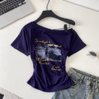 Chic Print Slant Neckline Shirt
