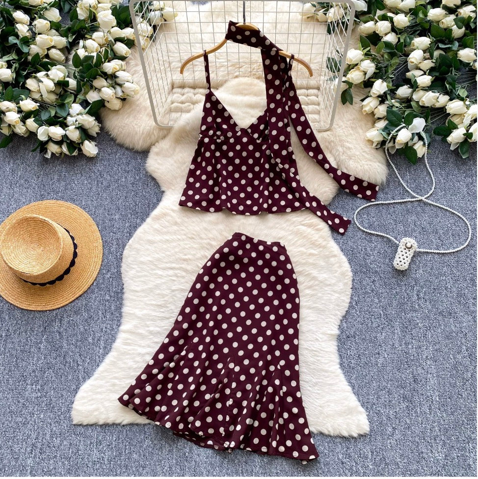 Polk Dot Camisole & Skirt & Ribbon Set