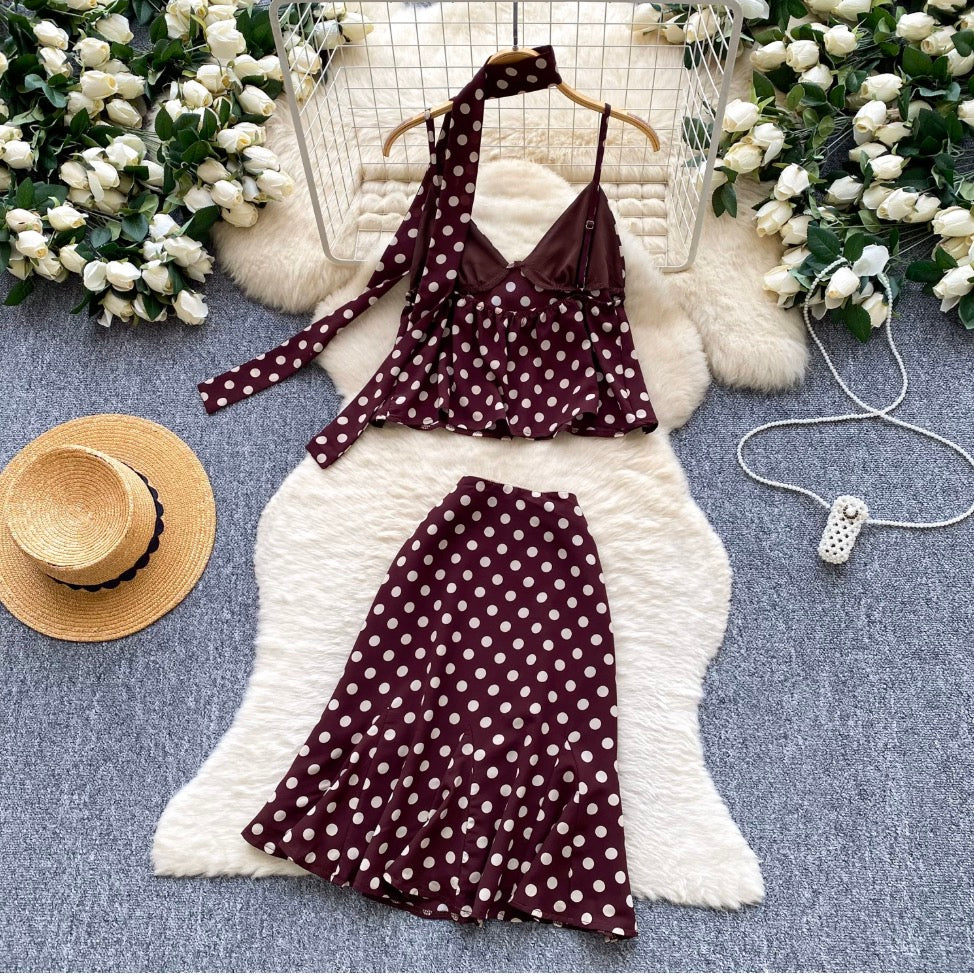 Polk Dot Camisole & Skirt & Ribbon Set